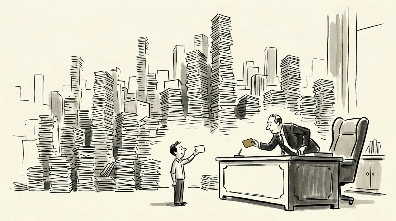 A small screenwriter holds up an index card to a studio executive in front of a skyline of unread scripts